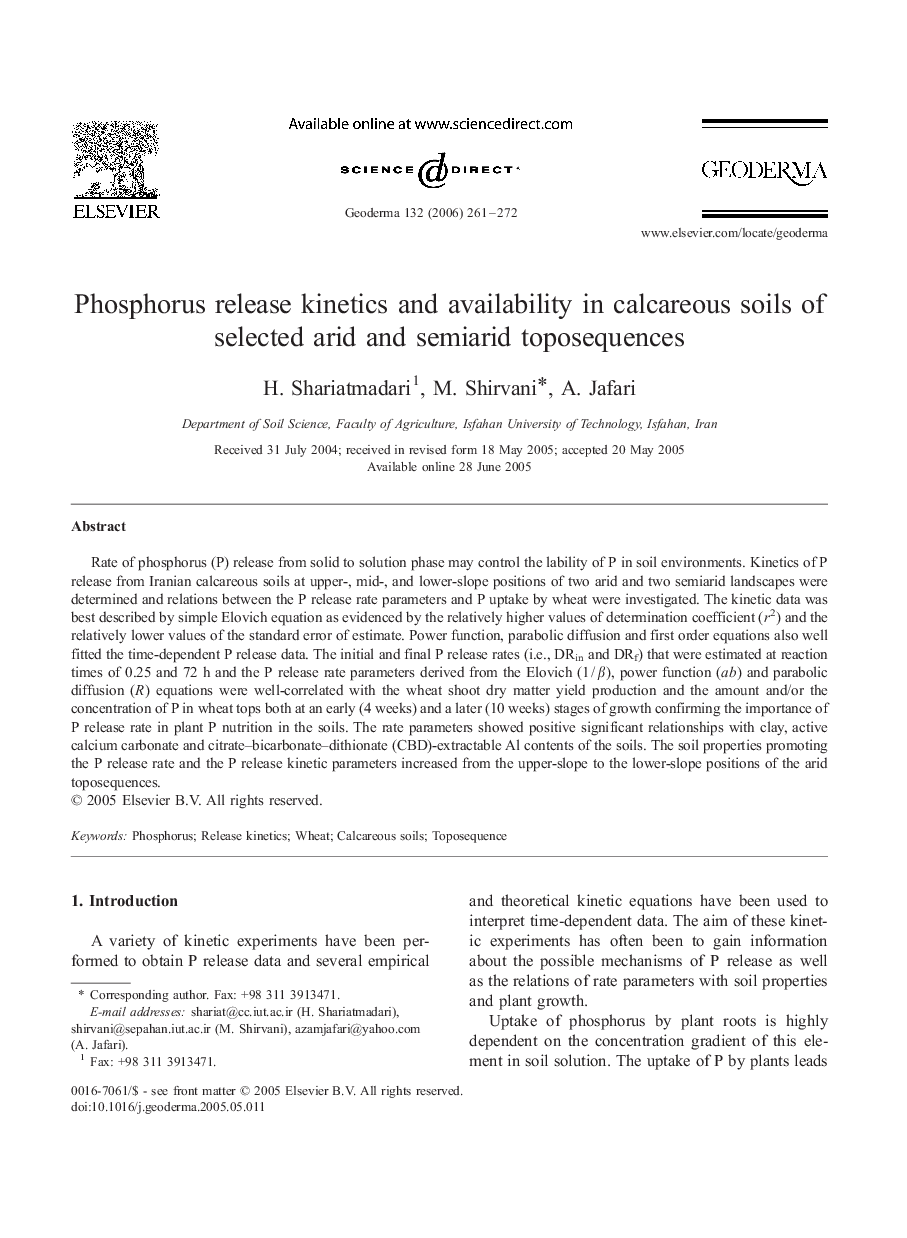 Phosphorus release kinetics and availability in calcareous soils of selected arid and semiarid toposequences