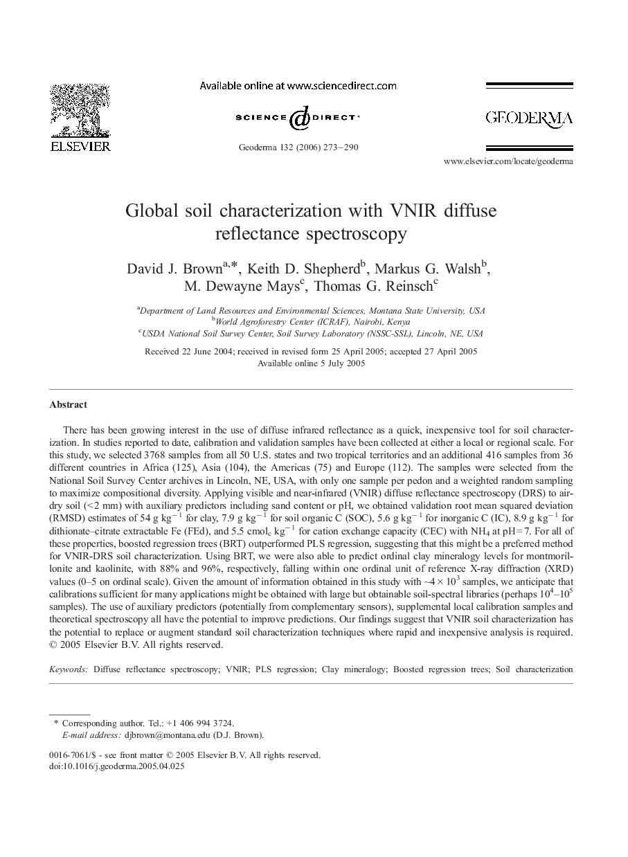 Global soil characterization with VNIR diffuse reflectance spectroscopy