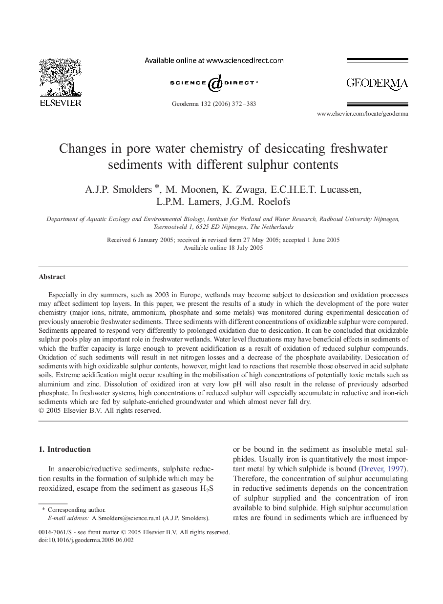 Changes in pore water chemistry of desiccating freshwater sediments with different sulphur contents