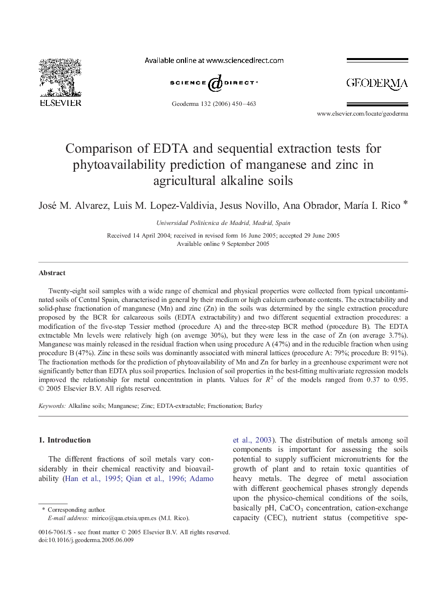 Comparison of EDTA and sequential extraction tests for phytoavailability prediction of manganese and zinc in agricultural alkaline soils