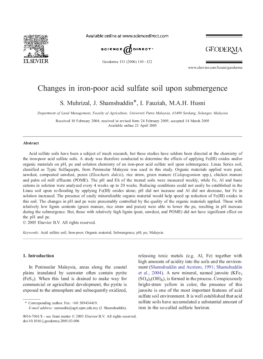 Changes in iron-poor acid sulfate soil upon submergence