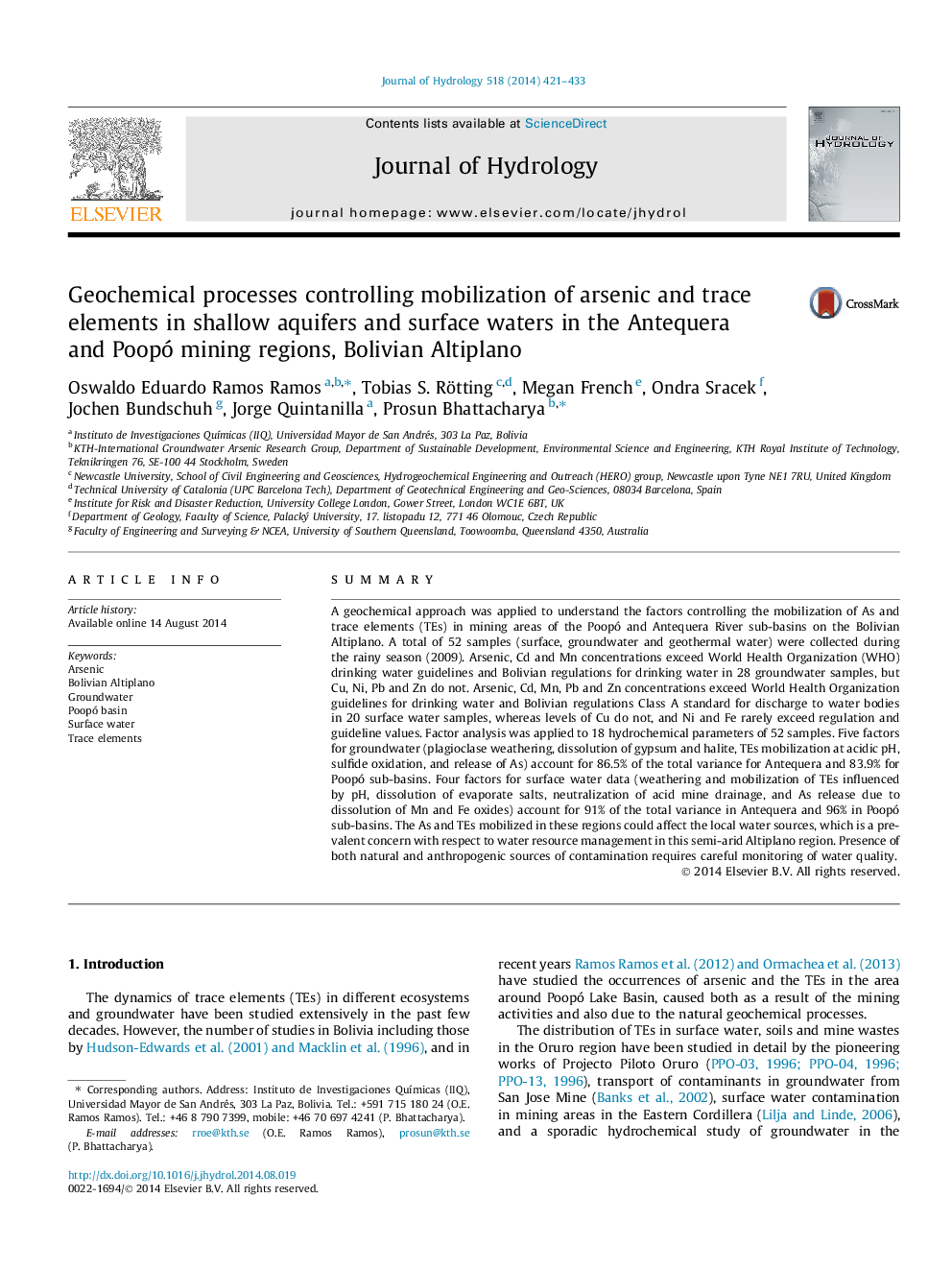 Geochemical processes controlling mobilization of arsenic and trace elements in shallow aquifers and surface waters in the Antequera and Poopó mining regions, Bolivian Altiplano