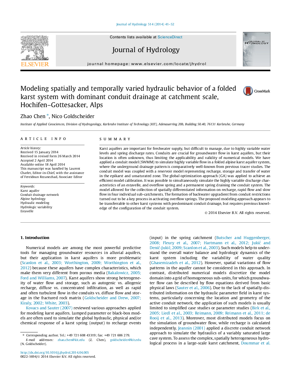 Modeling spatially and temporally varied hydraulic behavior of a folded karst system with dominant conduit drainage at catchment scale, Hochifen–Gottesacker, Alps