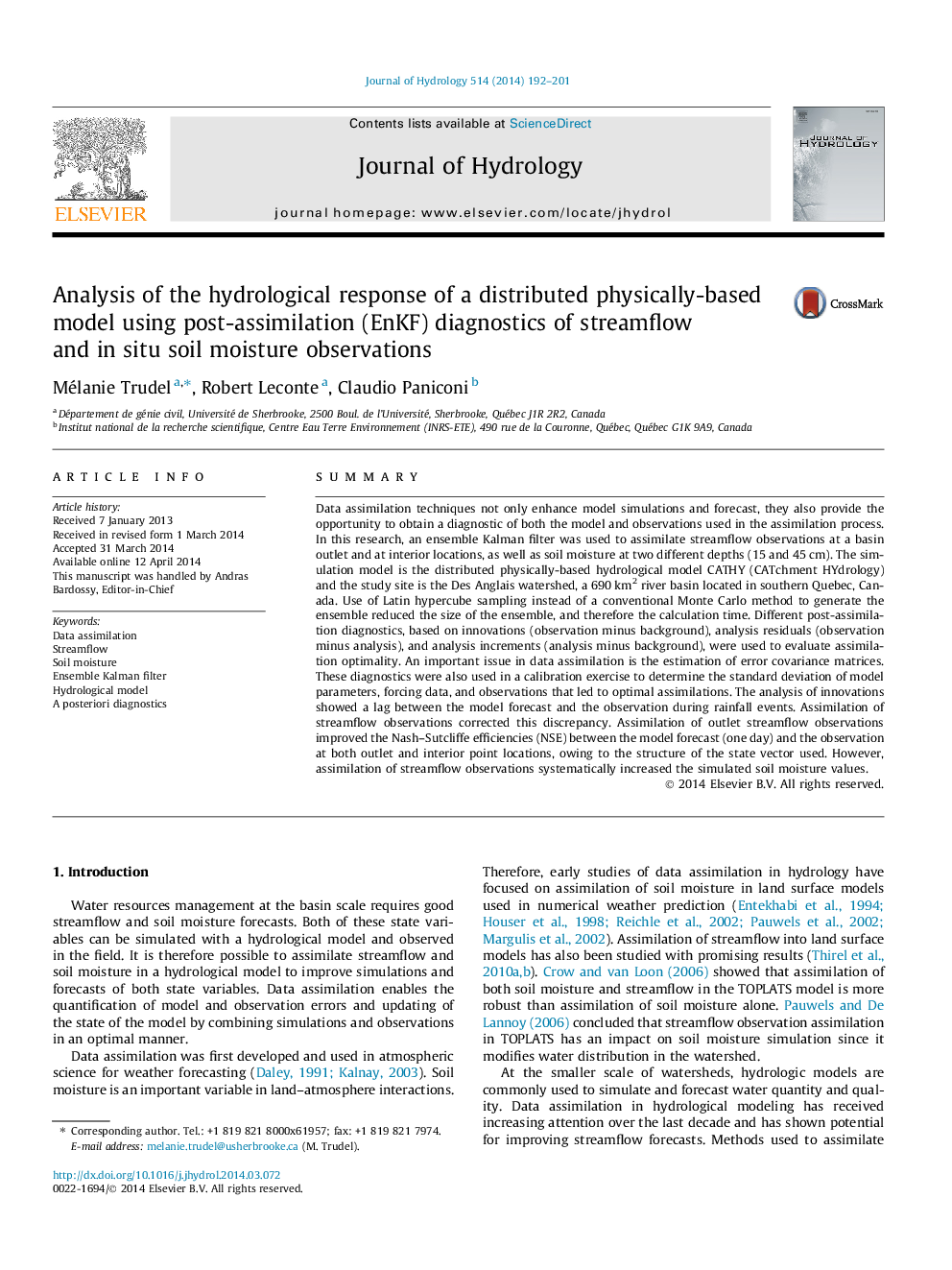 Analysis of the hydrological response of a distributed physically-based model using post-assimilation (EnKF) diagnostics of streamflow and in situ soil moisture observations