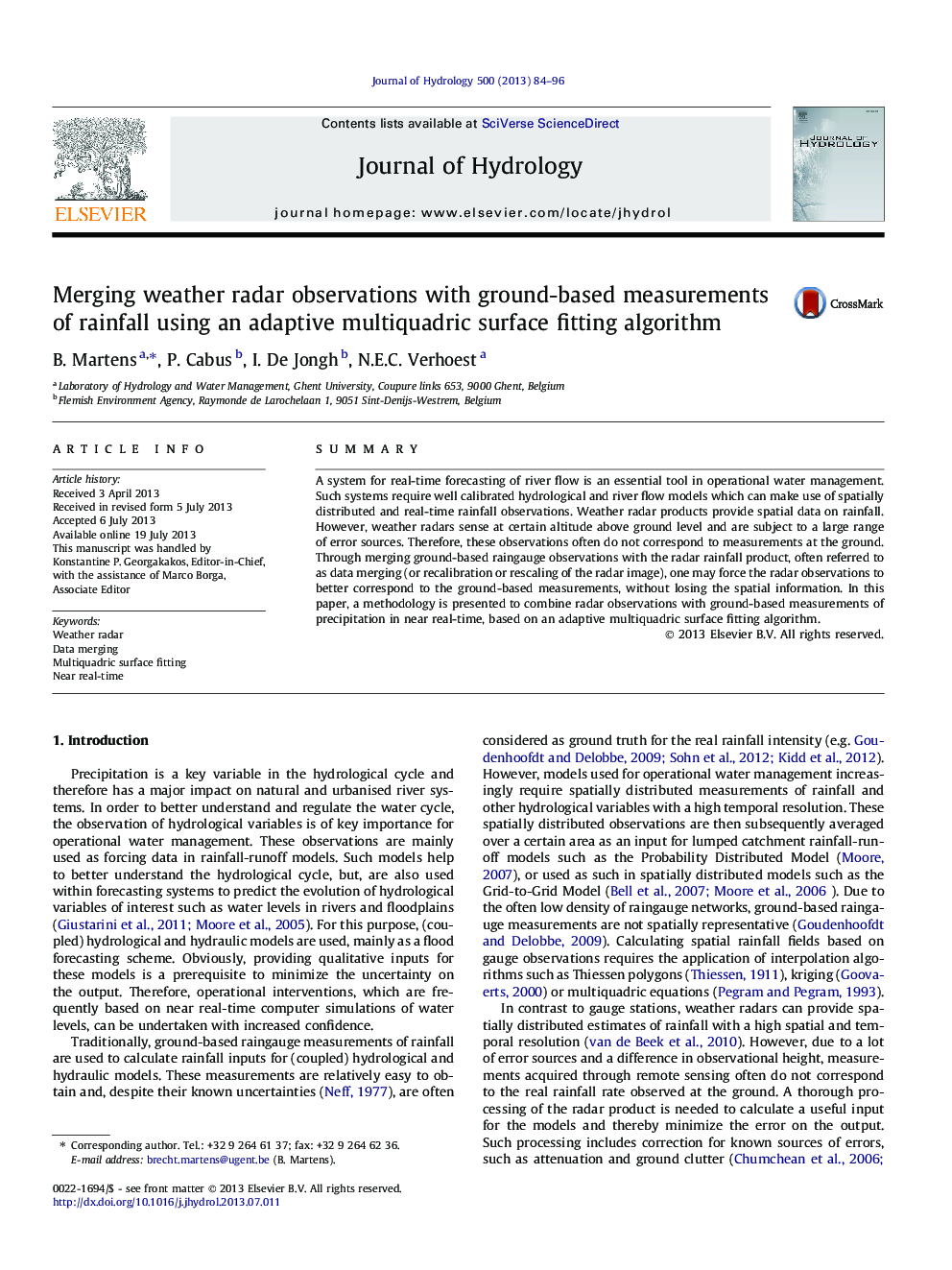 Merging weather radar observations with ground-based measurements of rainfall using an adaptive multiquadric surface fitting algorithm