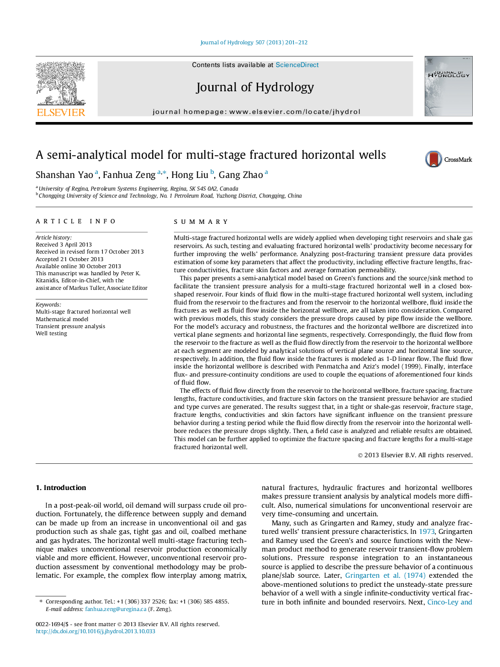 A semi-analytical model for multi-stage fractured horizontal wells