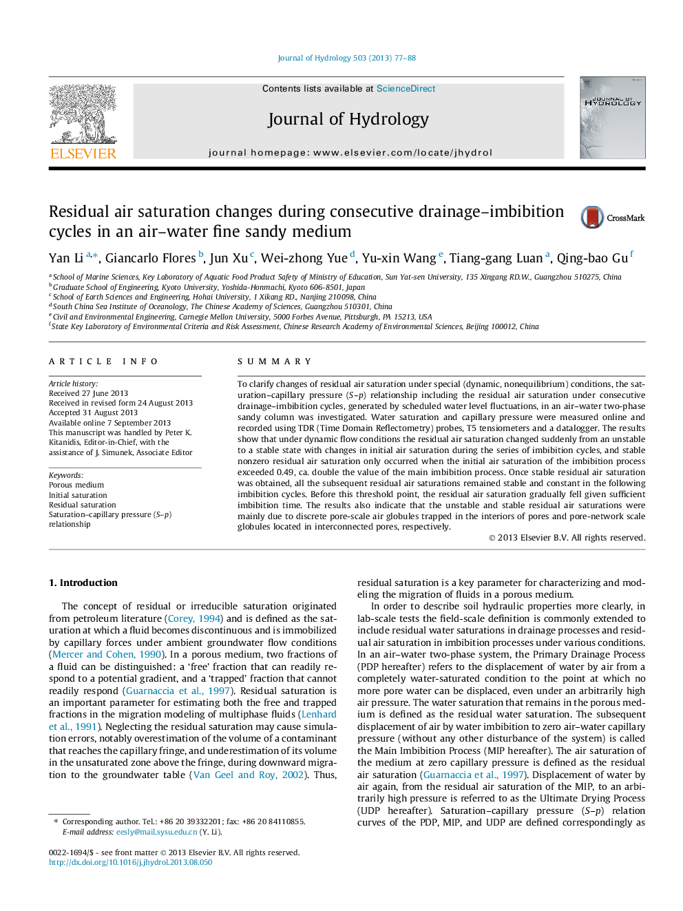 Residual air saturation changes during consecutive drainage–imbibition cycles in an air–water fine sandy medium