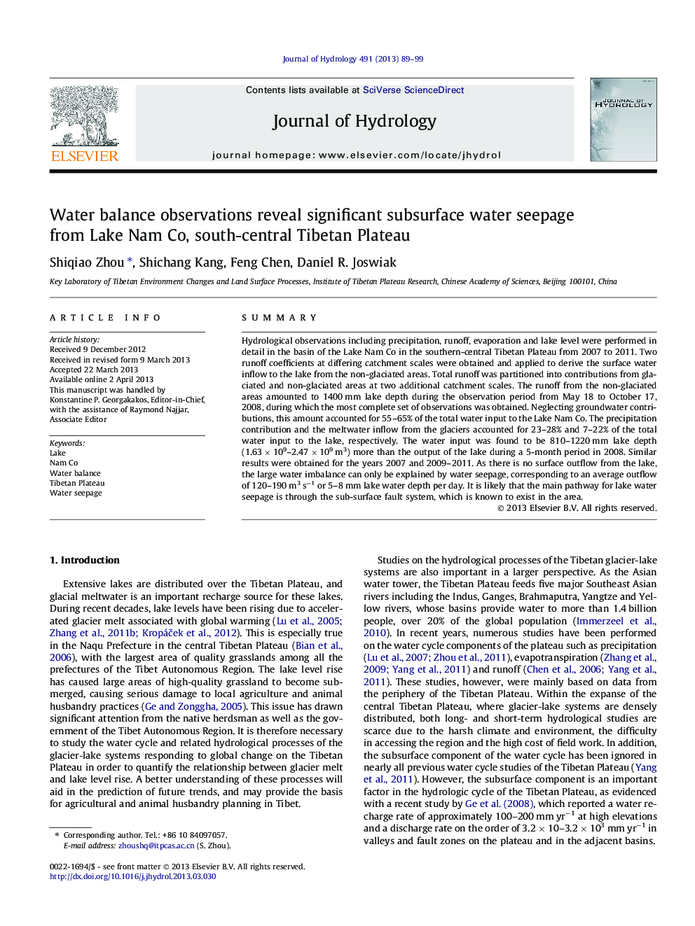 Water balance observations reveal significant subsurface water seepage from Lake Nam Co, south-central Tibetan Plateau