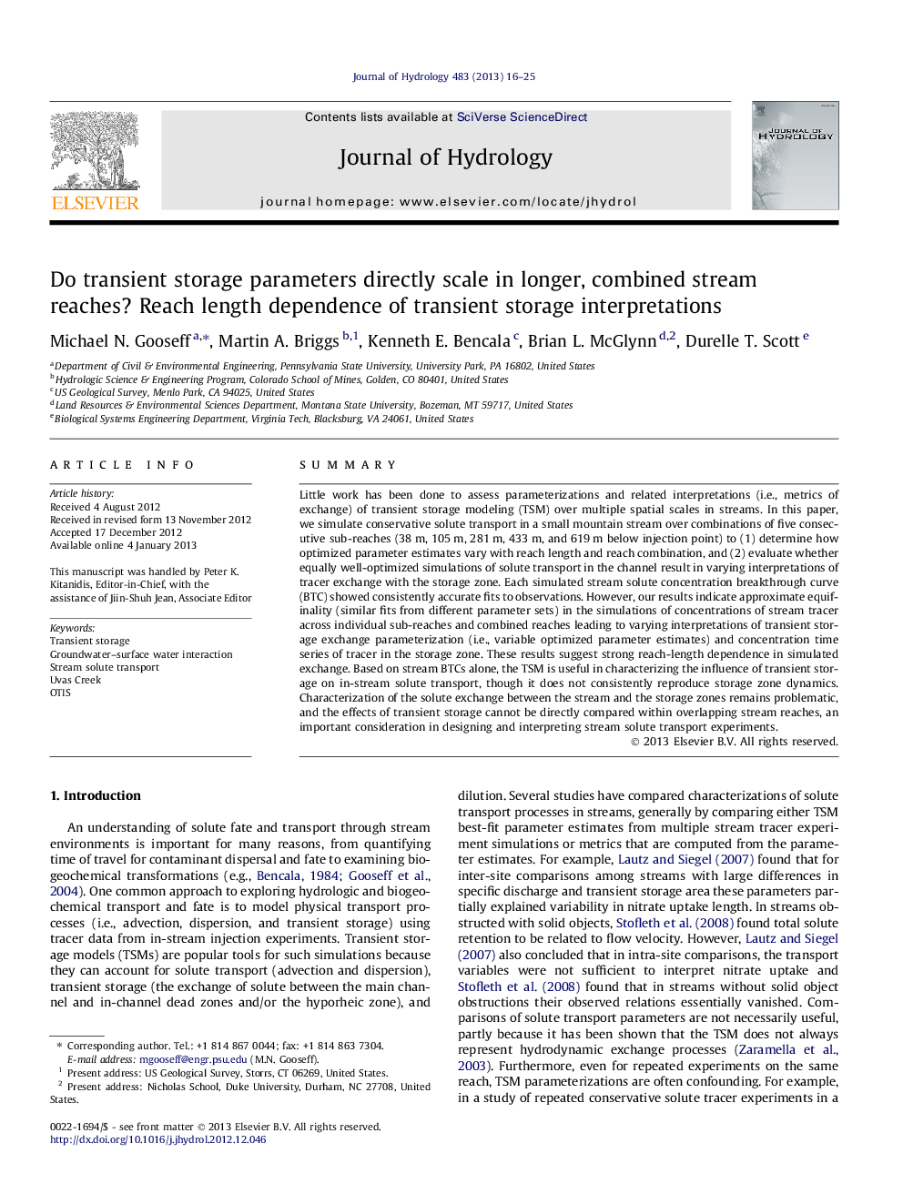 Do transient storage parameters directly scale in longer, combined stream reaches? Reach length dependence of transient storage interpretations