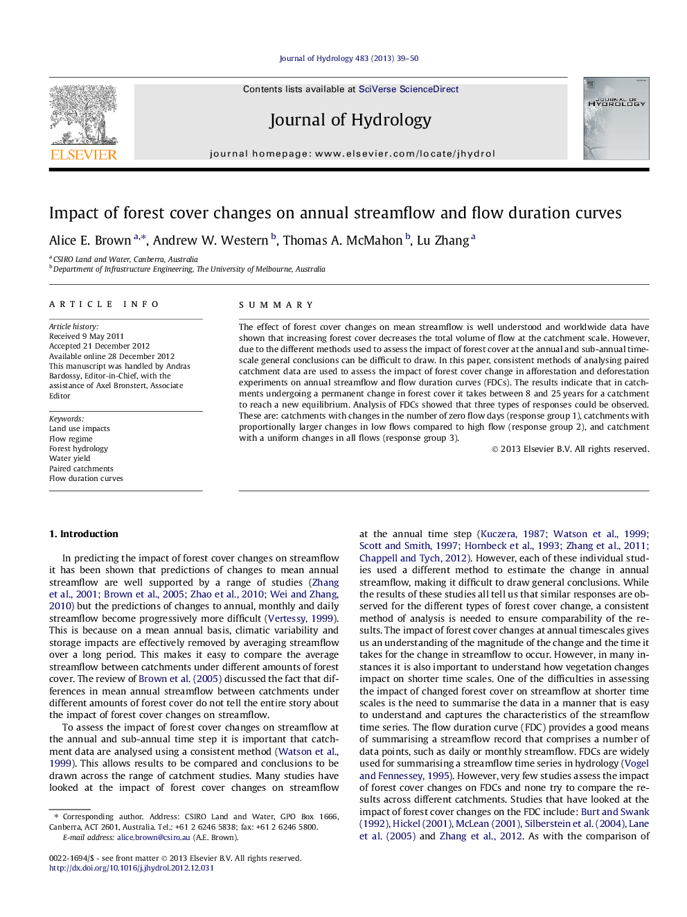 Impact of forest cover changes on annual streamflow and flow duration curves