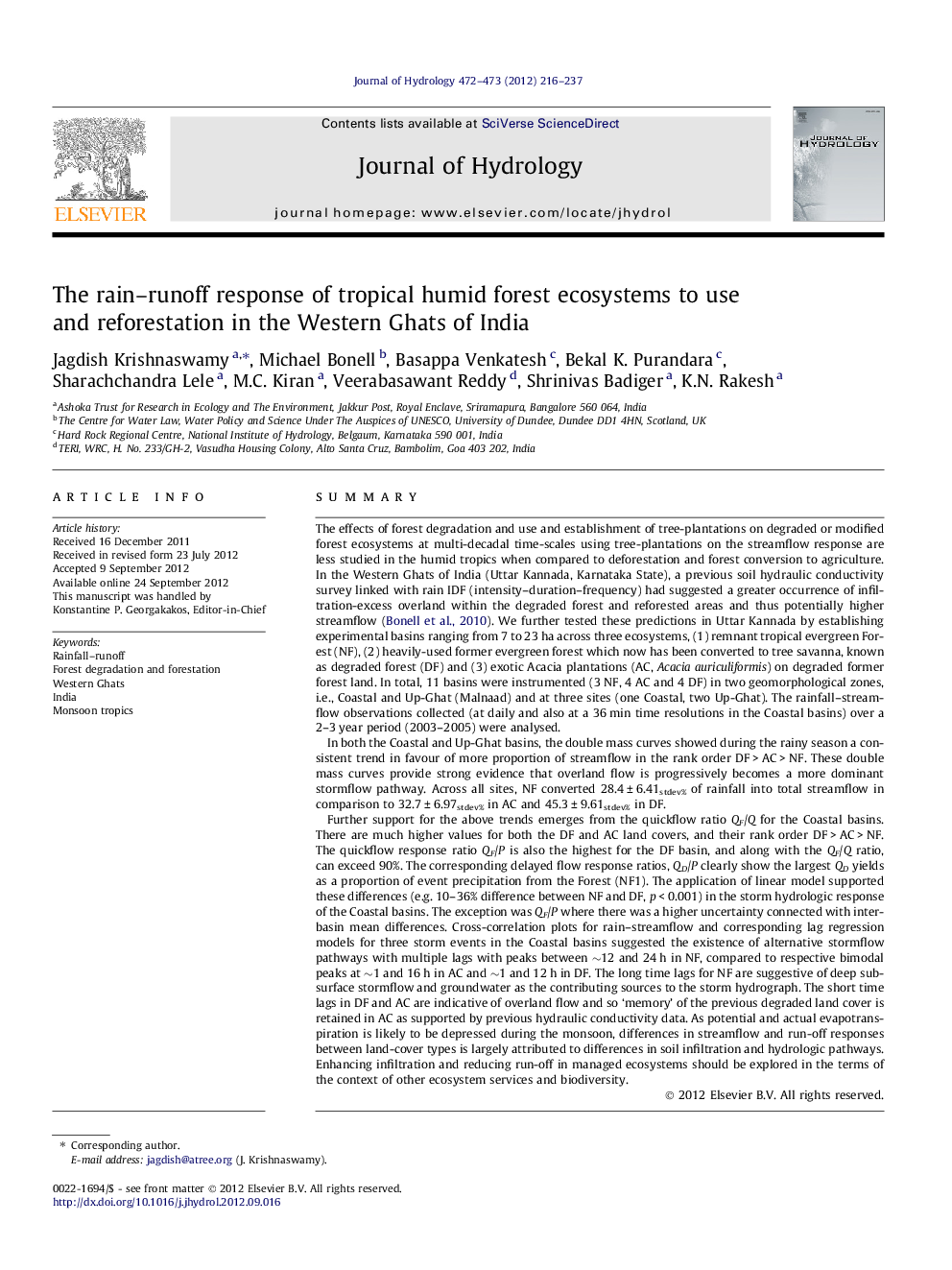 The rain–runoff response of tropical humid forest ecosystems to use and reforestation in the Western Ghats of India