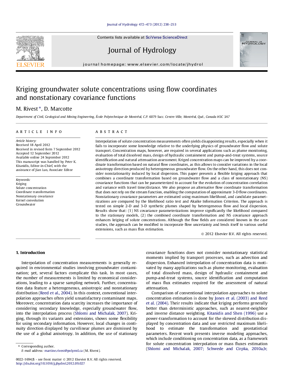 Kriging groundwater solute concentrations using flow coordinates and nonstationary covariance functions