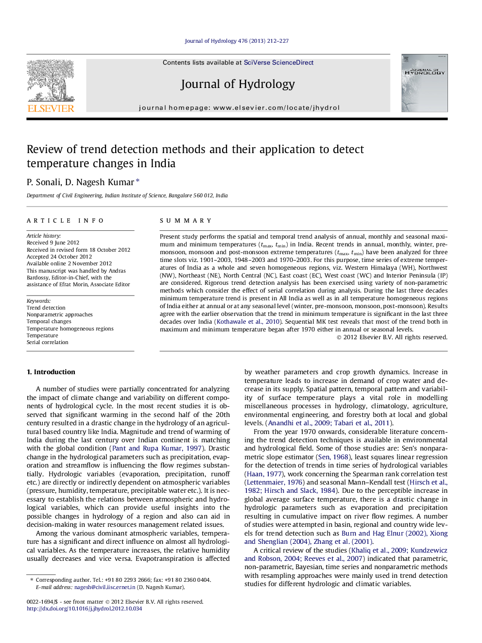 Review of trend detection methods and their application to detect temperature changes in India