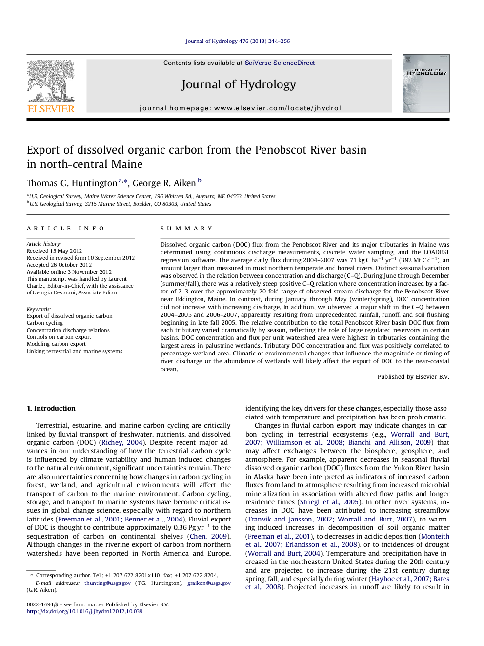 Export of dissolved organic carbon from the Penobscot River basin in north-central Maine