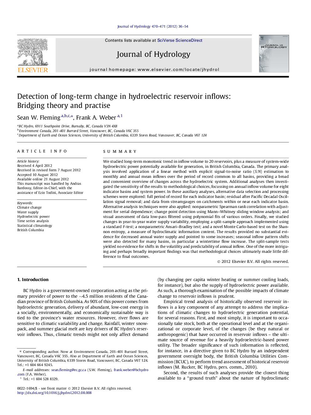 Detection of long-term change in hydroelectric reservoir inflows: Bridging theory and practise