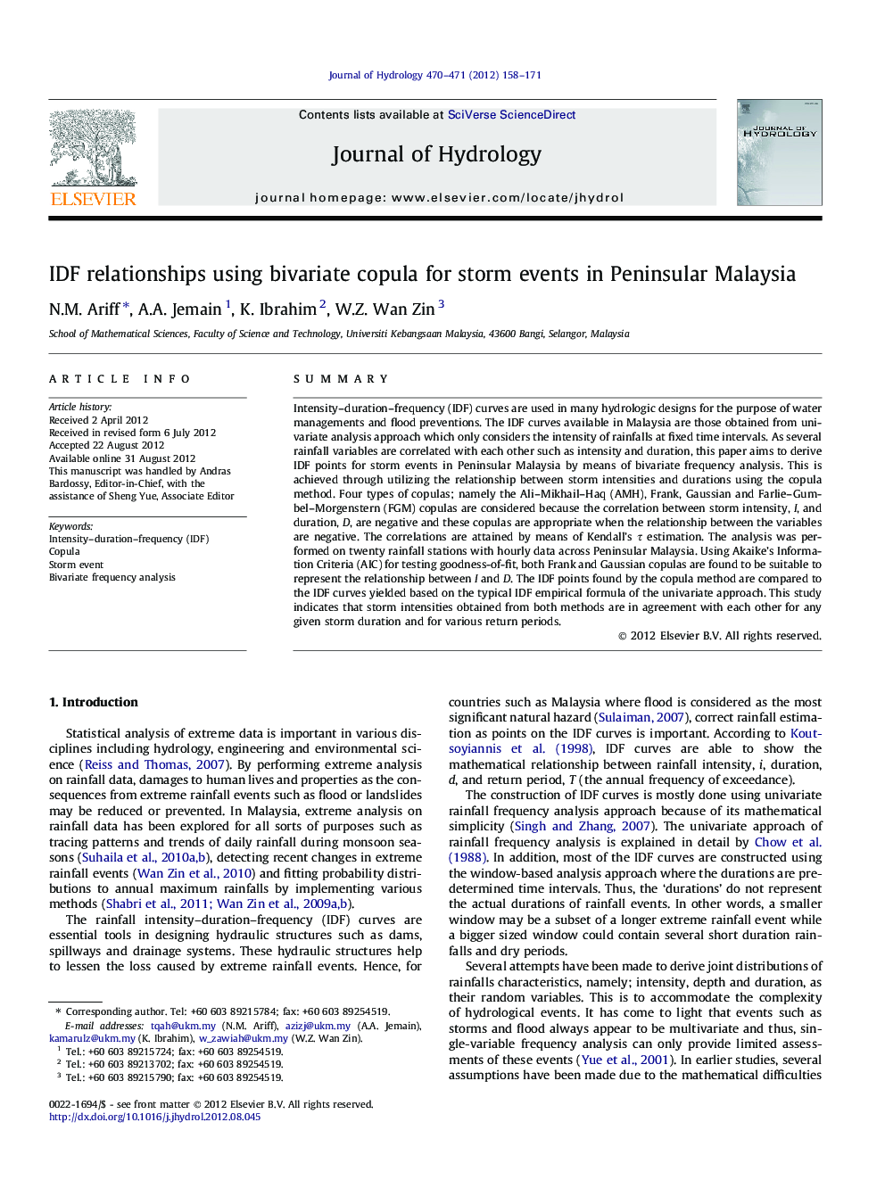 IDF relationships using bivariate copula for storm events in Peninsular Malaysia