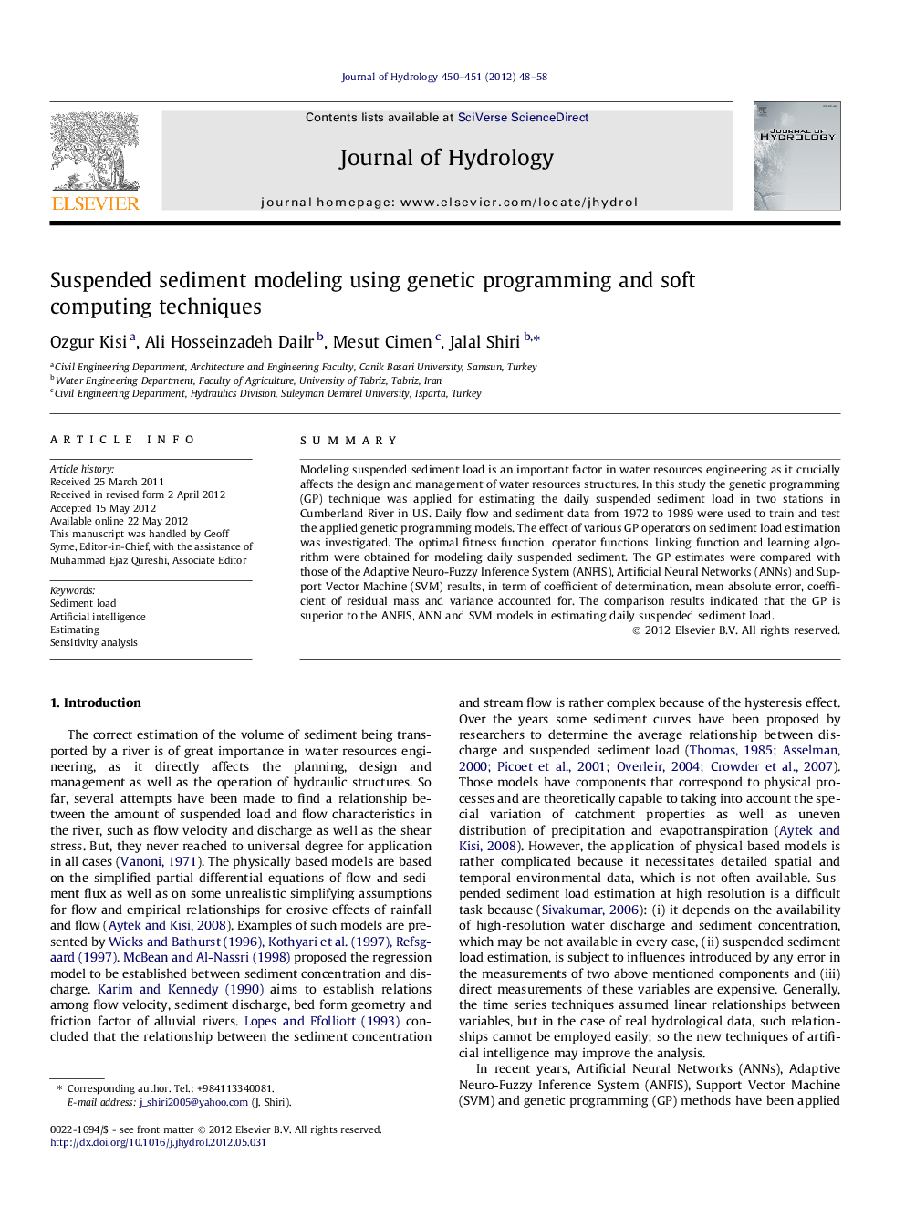 Suspended sediment modeling using genetic programming and soft computing techniques