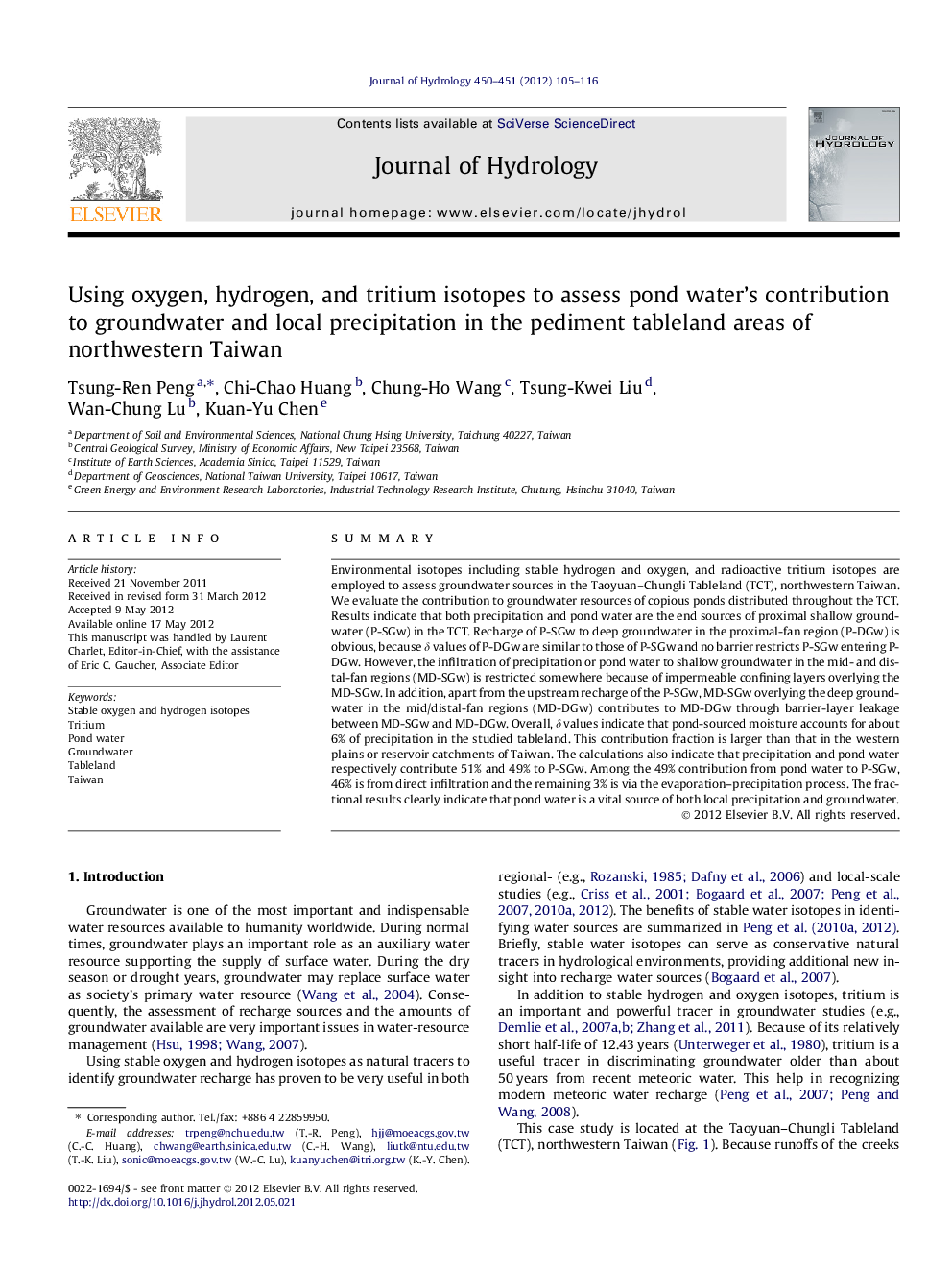 Using oxygen, hydrogen, and tritium isotopes to assess pond water’s contribution to groundwater and local precipitation in the pediment tableland areas of northwestern Taiwan