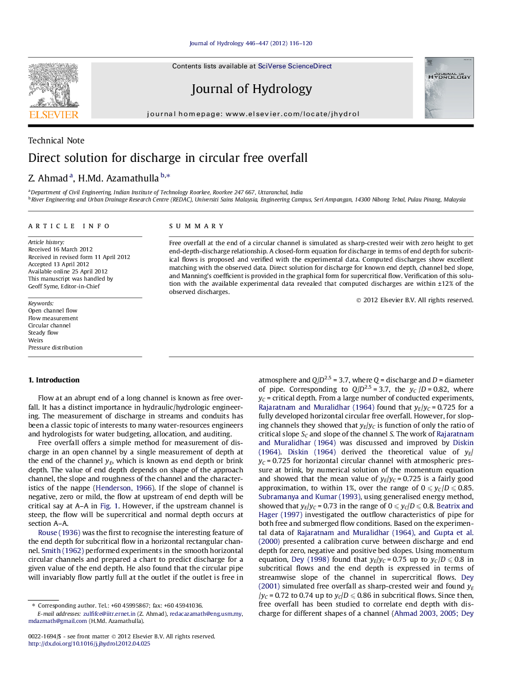 Direct solution for discharge in circular free overfall