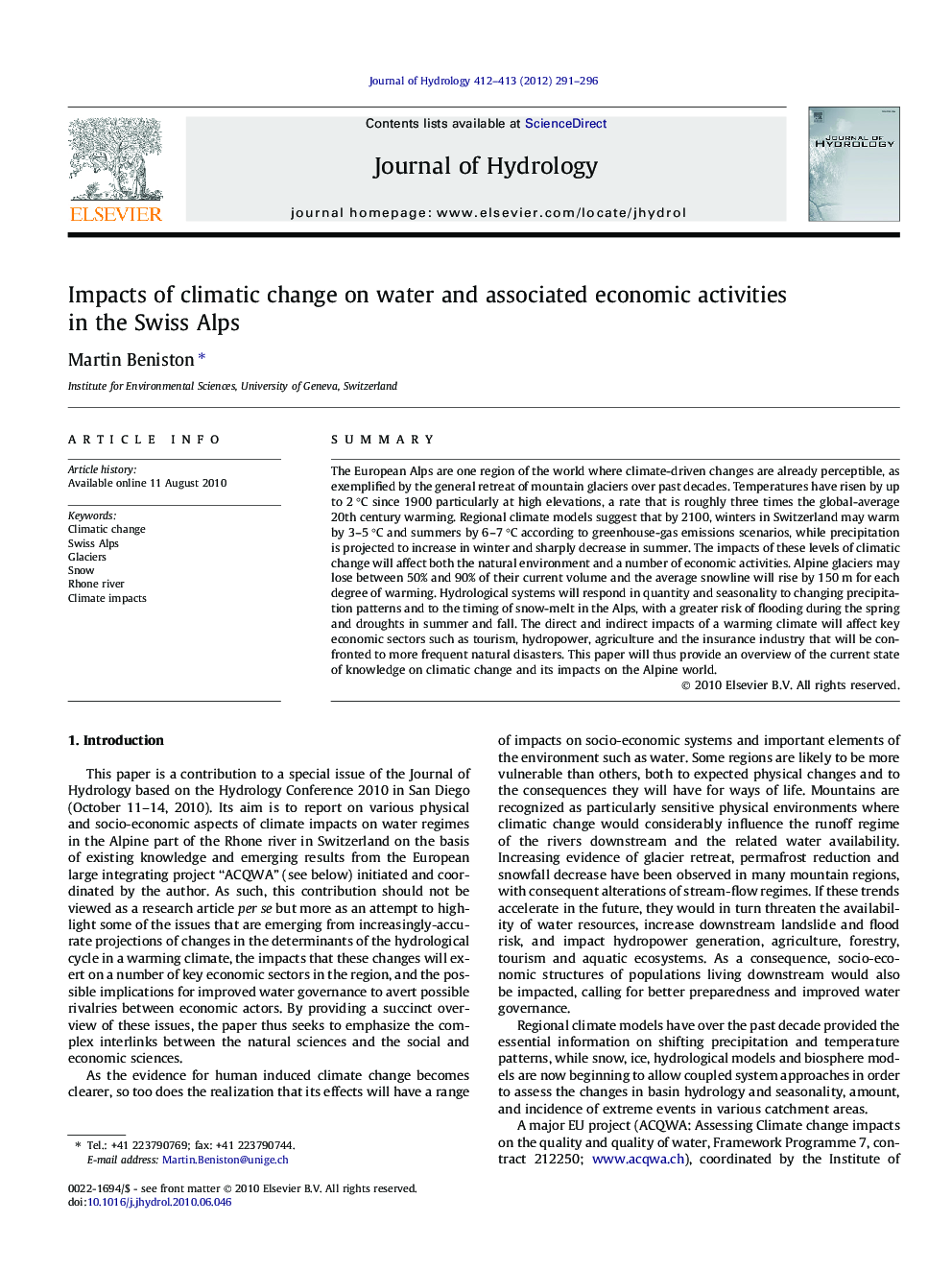 Impacts of climatic change on water and associated economic activities in the Swiss Alps