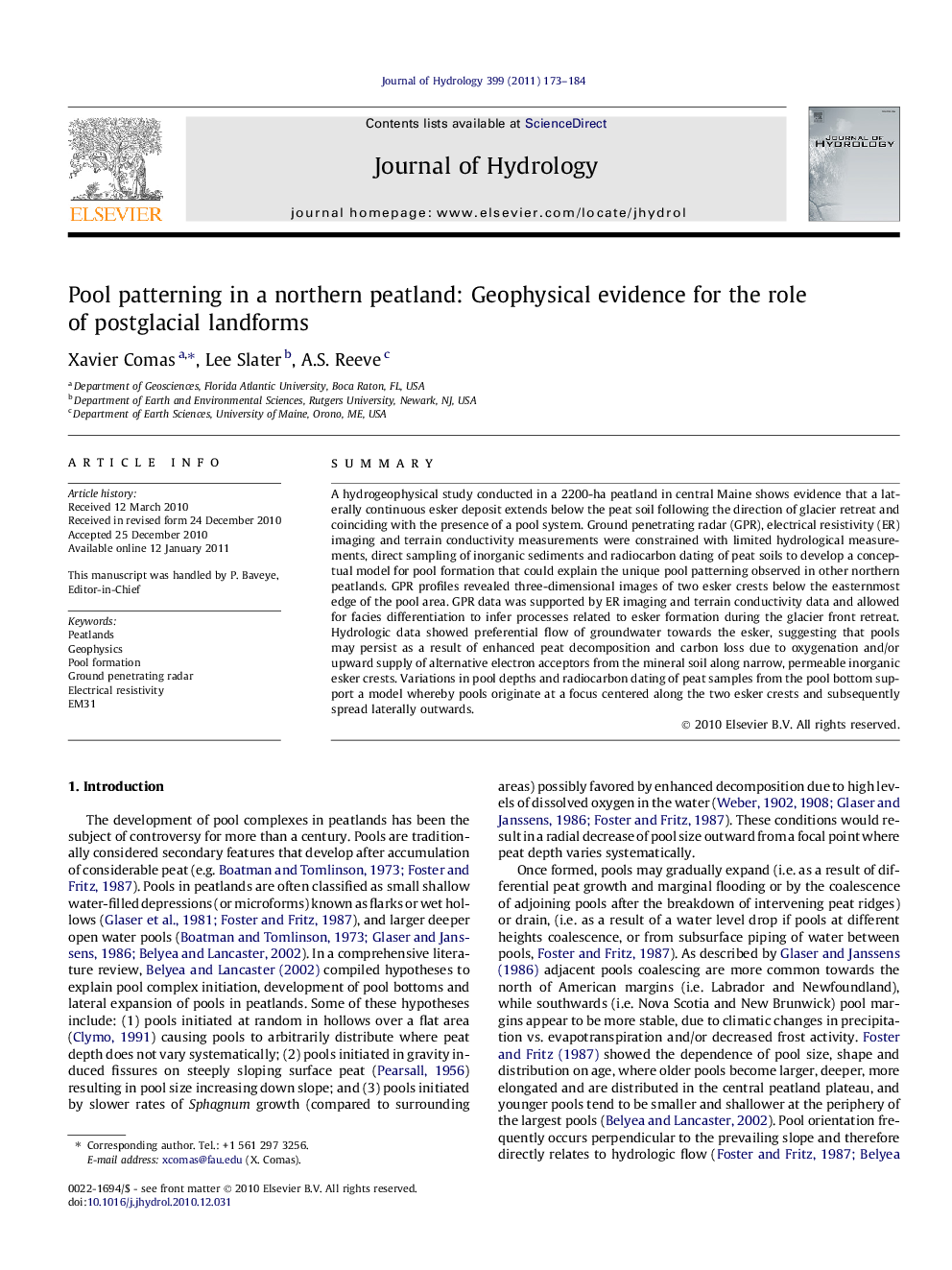 Pool patterning in a northern peatland: Geophysical evidence for the role of postglacial landforms