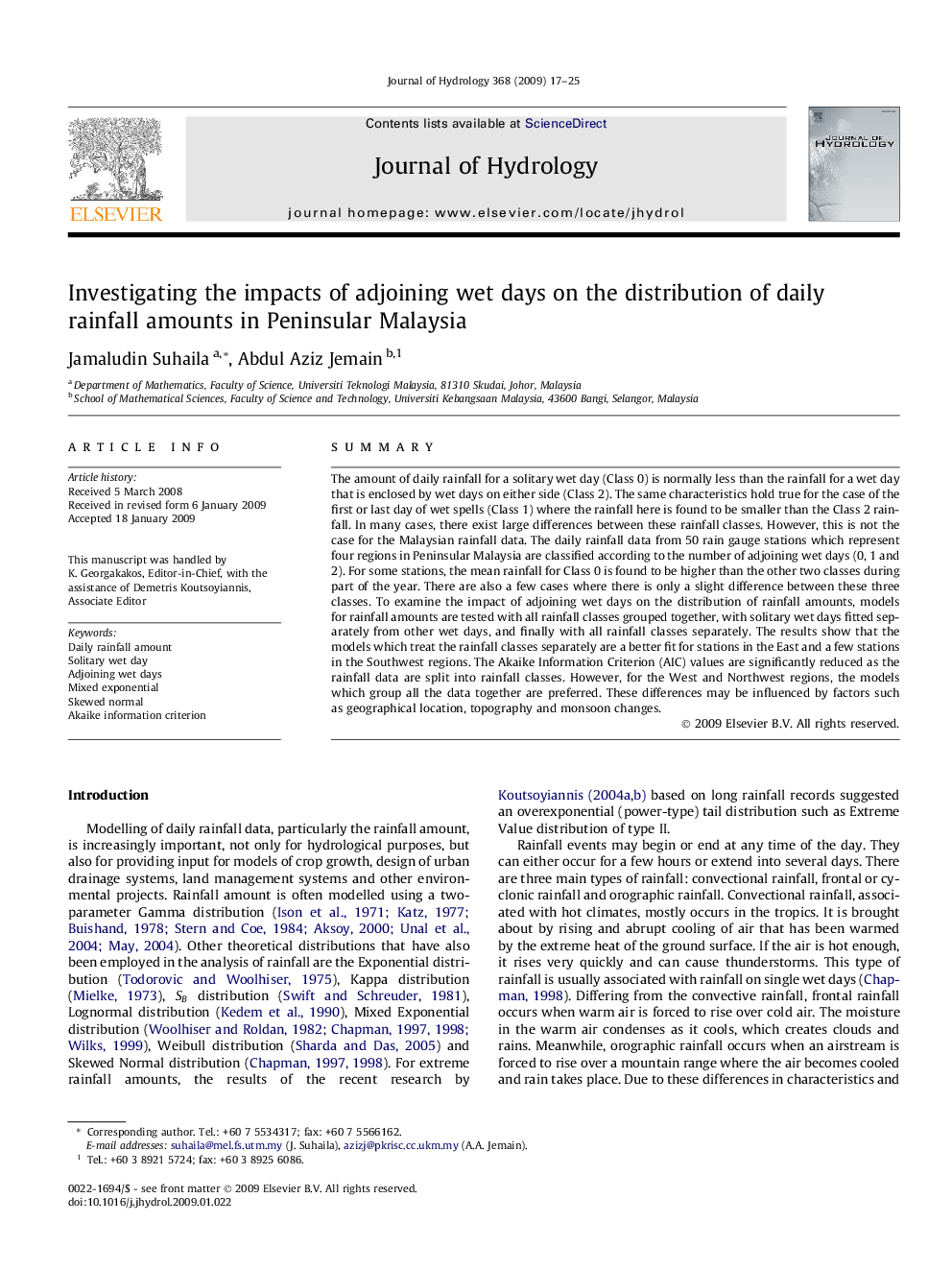 Investigating the impacts of adjoining wet days on the distribution of daily rainfall amounts in Peninsular Malaysia