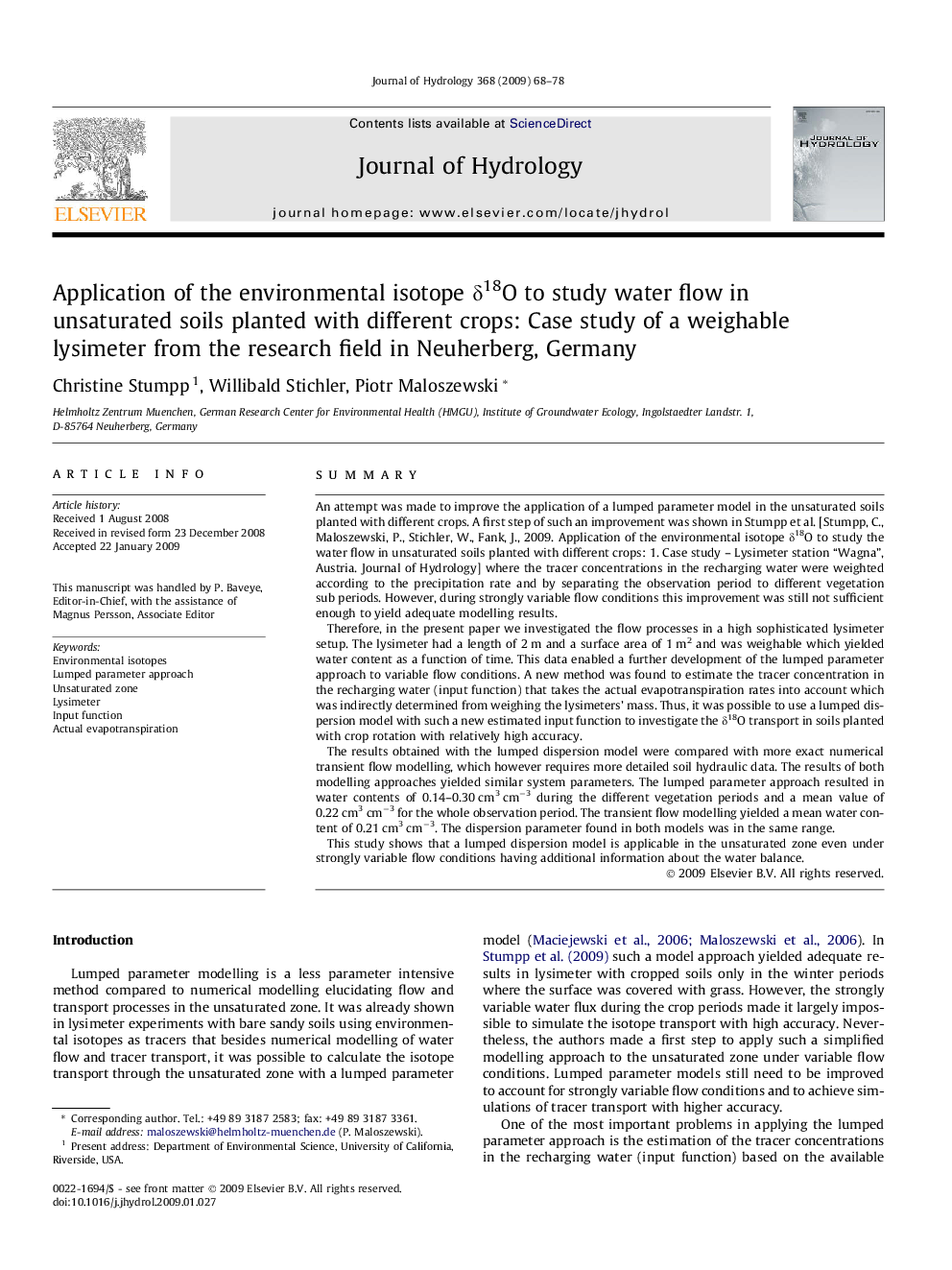 Application of the environmental isotope δ18O to study water flow in unsaturated soils planted with different crops: Case study of a weighable lysimeter from the research field in Neuherberg, Germany