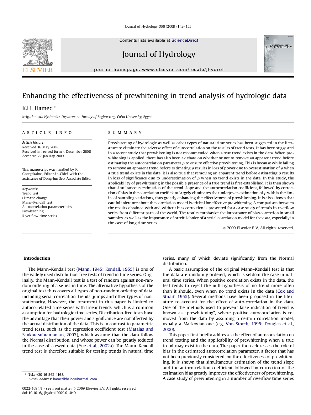 Enhancing the effectiveness of prewhitening in trend analysis of hydrologic data