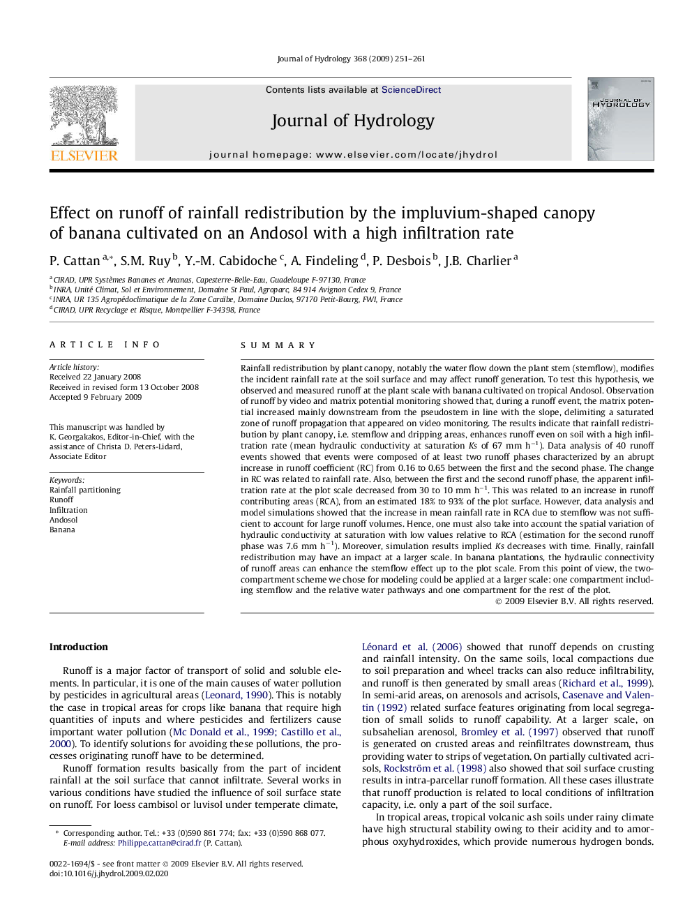 Effect on runoff of rainfall redistribution by the impluvium-shaped canopy of banana cultivated on an Andosol with a high infiltration rate