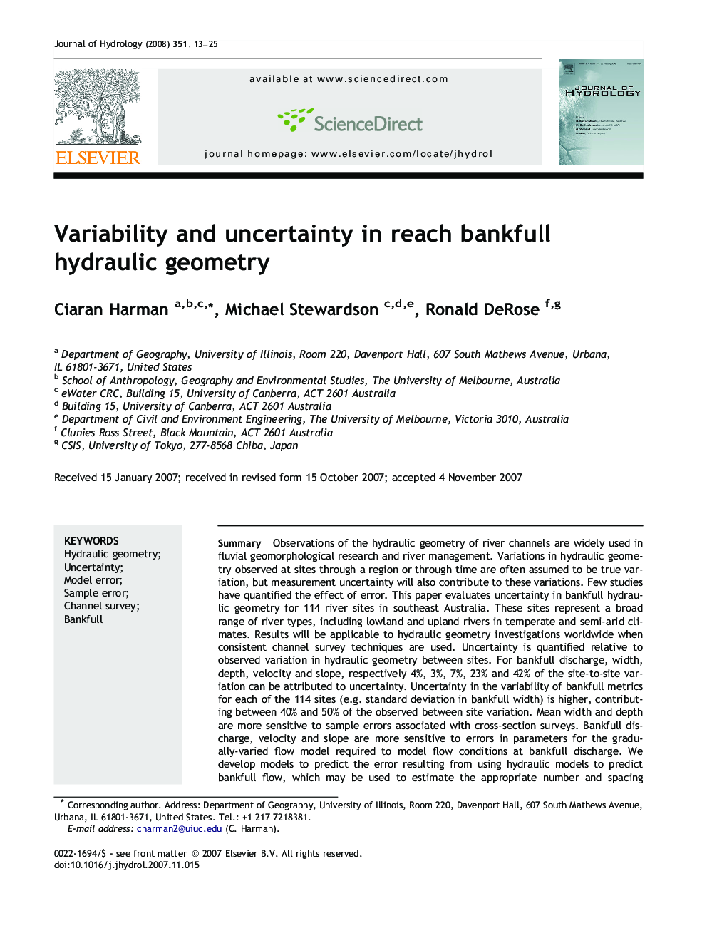 Variability and uncertainty in reach bankfull hydraulic geometry