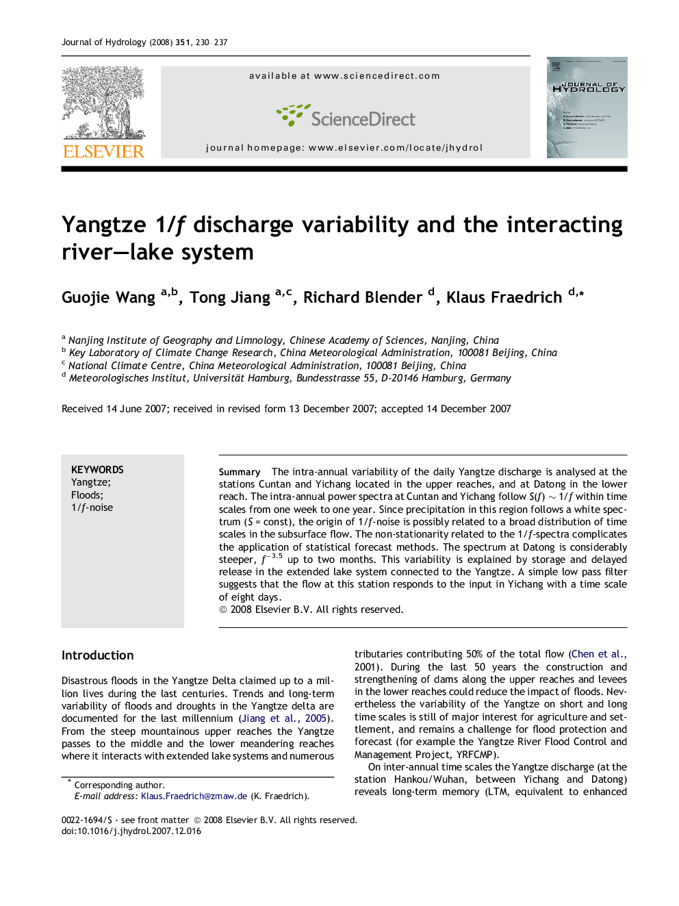 Yangtze 1/f discharge variability and the interacting river–lake system