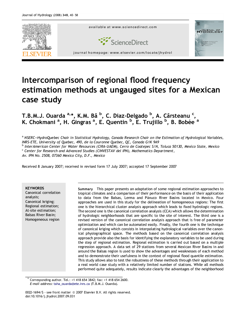 Intercomparison of regional flood frequency estimation methods at ungauged sites for a Mexican case study