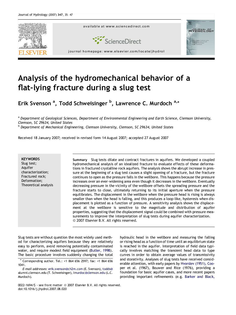 Analysis of the hydromechanical behavior of a flat-lying fracture during a slug test