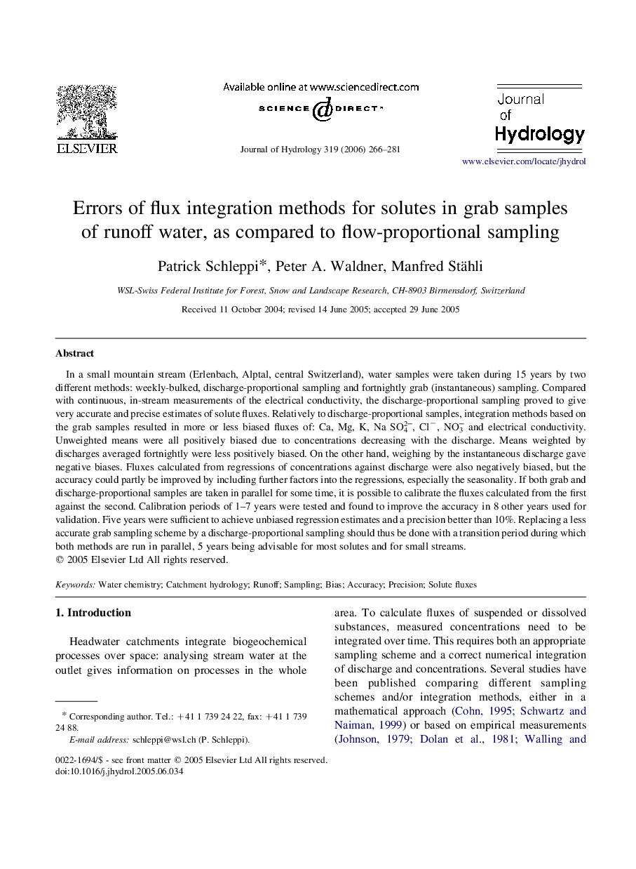 Errors of flux integration methods for solutes in grab samples of runoff water, as compared to flow-proportional sampling