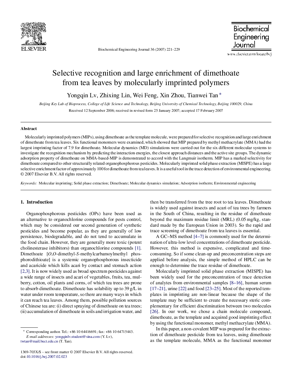 Selective recognition and large enrichment of dimethoate from tea leaves by molecularly imprinted polymers