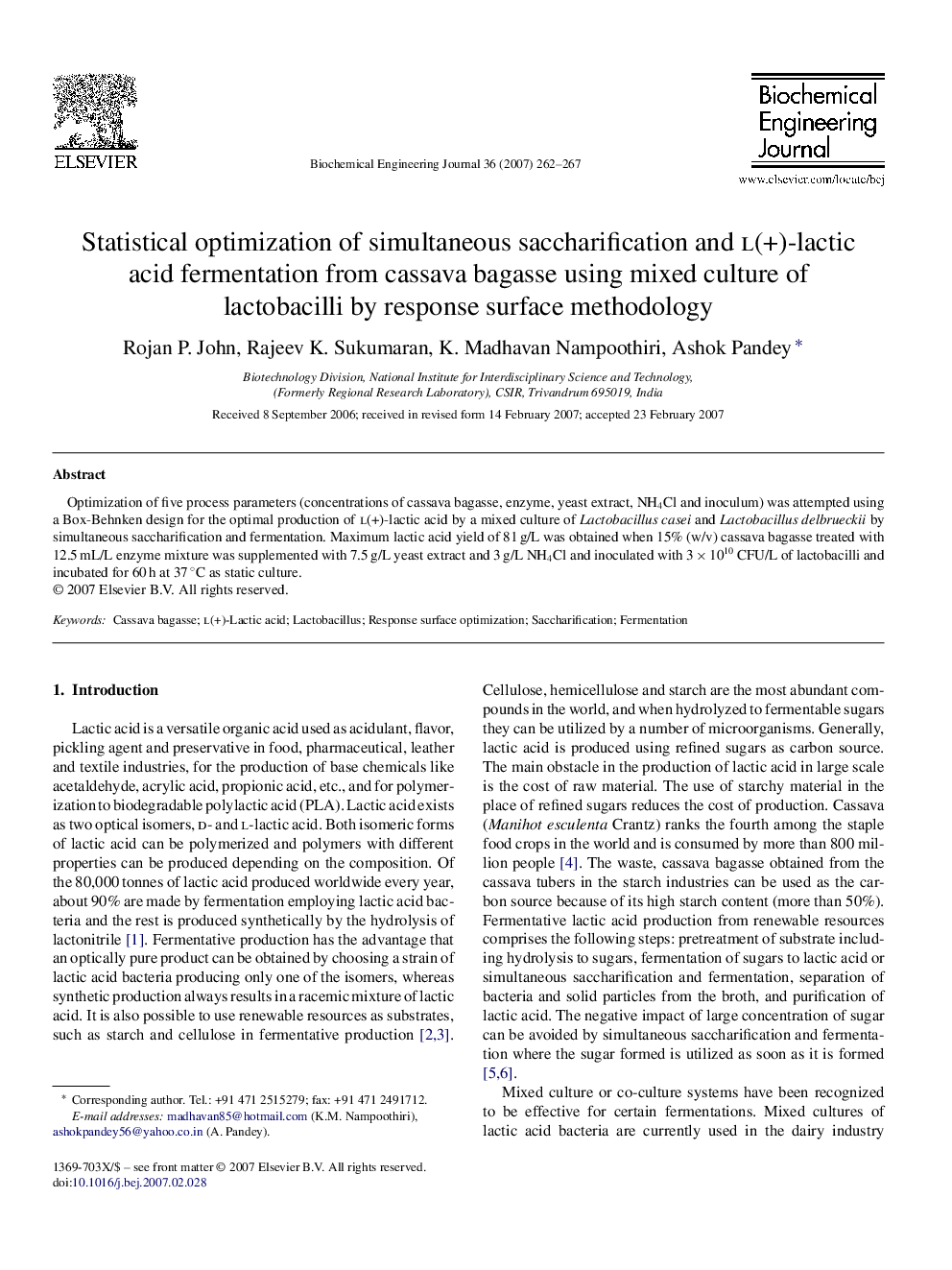 Statistical optimization of simultaneous saccharification and l(+)-lactic acid fermentation from cassava bagasse using mixed culture of lactobacilli by response surface methodology