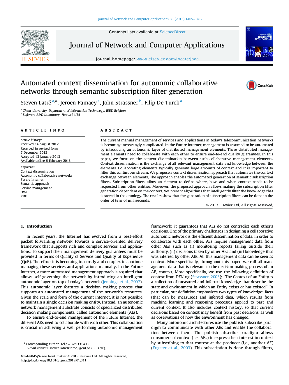 Automated context dissemination for autonomic collaborative networks through semantic subscription filter generation
