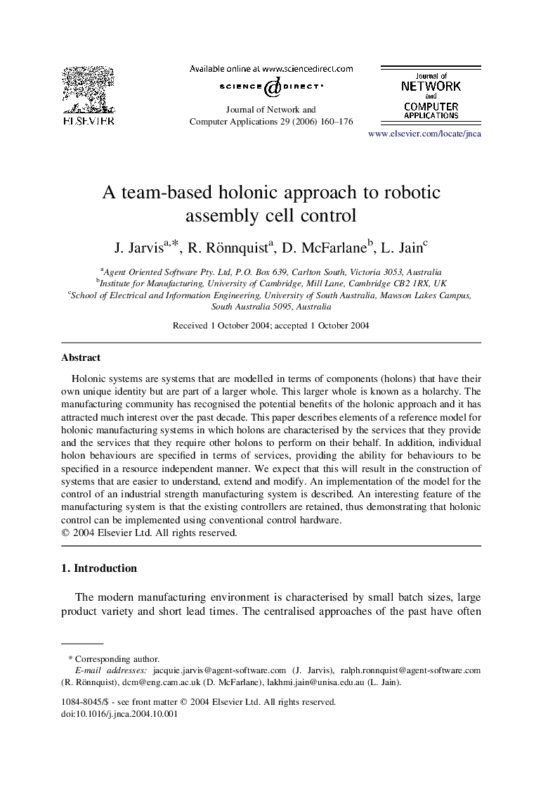 A team-based holonic approach to robotic assembly cell control