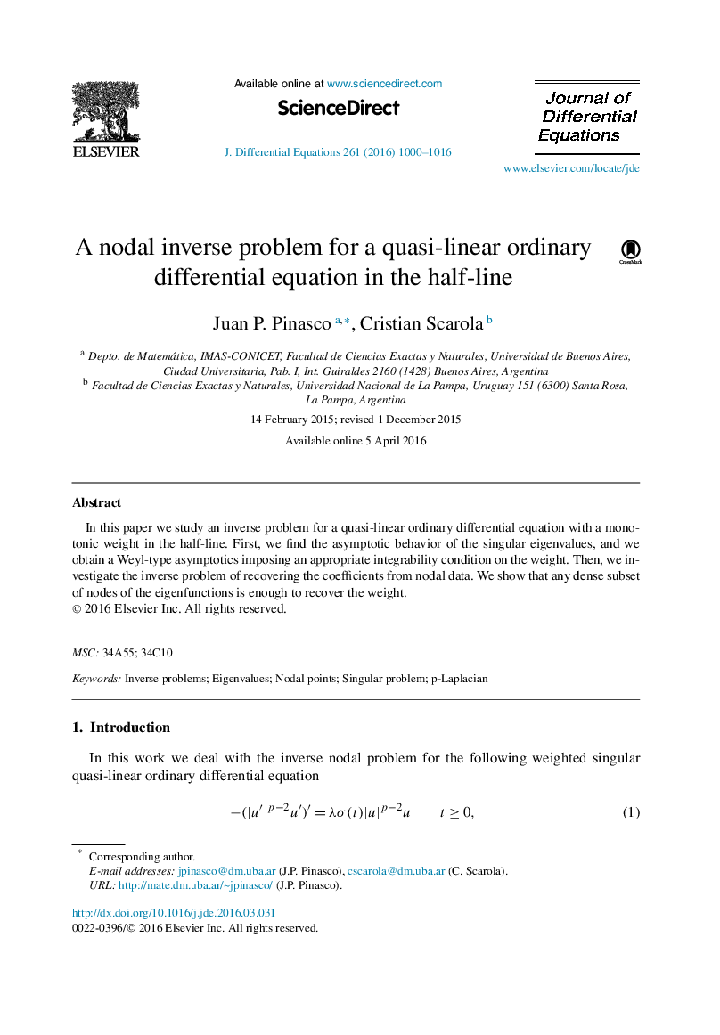 یک معکوس حل معکوس برای یک معادله دیفرانسیل معمولی شبه خطی در نیم خط 