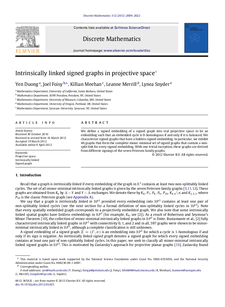 Intrinsically linked signed graphs in projective space 