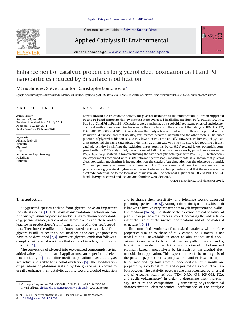 Enhancement of catalytic properties for glycerol electrooxidation on Pt and Pd nanoparticles induced by Bi surface modification