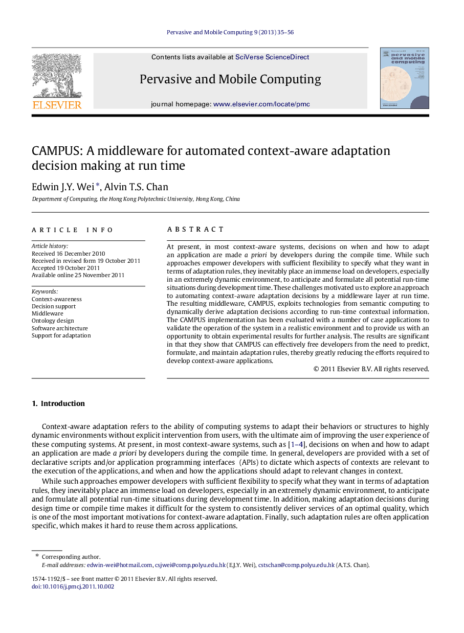 CAMPUS: A middleware for automated context-aware adaptation decision making at run time