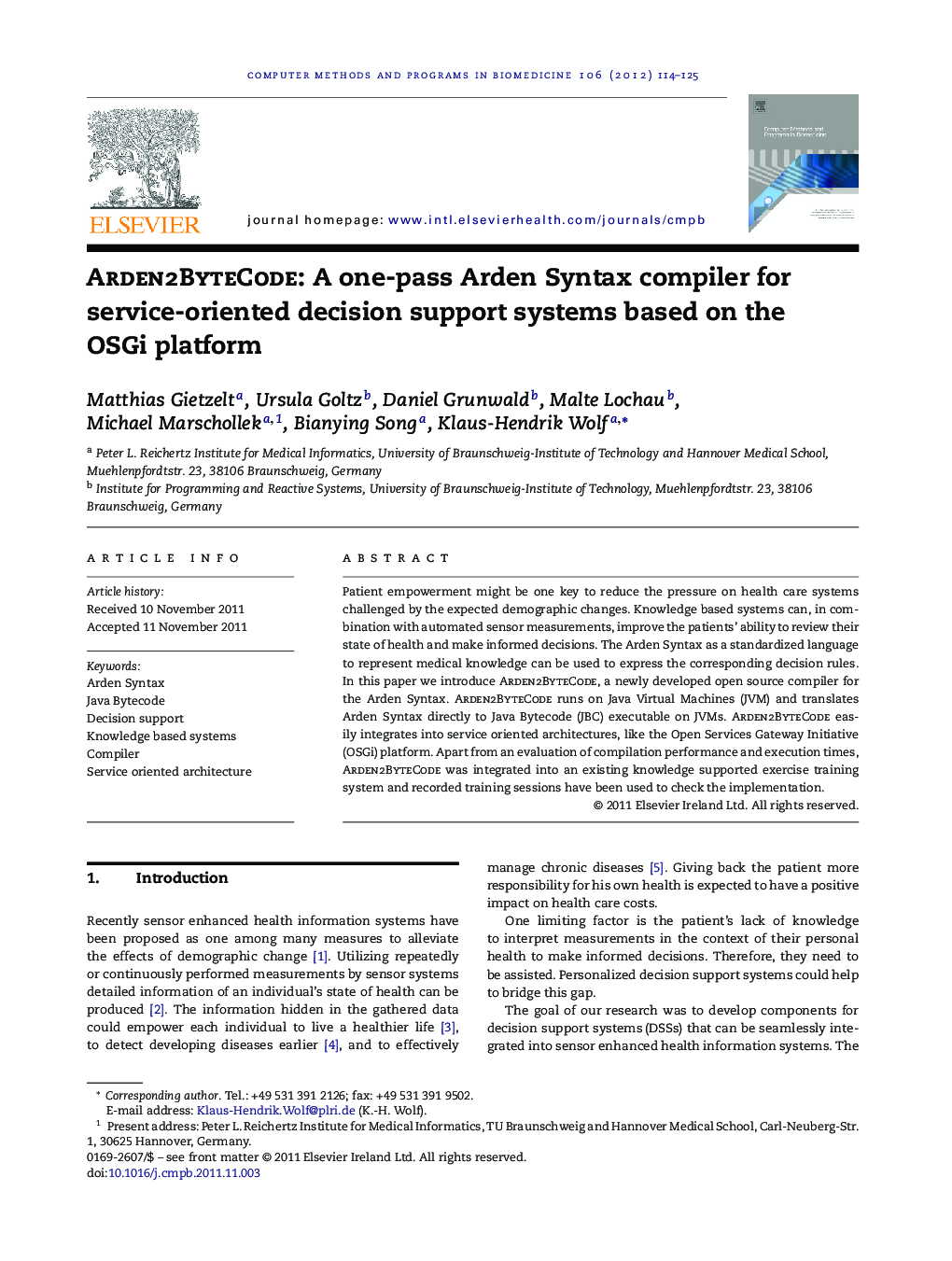 Arden2ByteCode: A one-pass Arden Syntax compiler for service-oriented decision support systems based on the OSGi platform