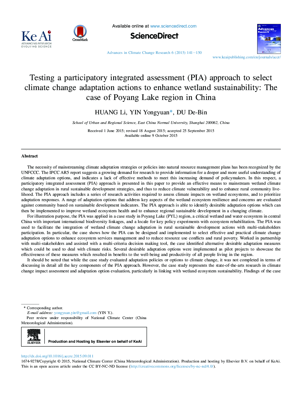 Testing a participatory integrated assessment (PIA) approach to select climate change adaptation actions to enhance wetland sustainability: The case of Poyang Lake region in China 