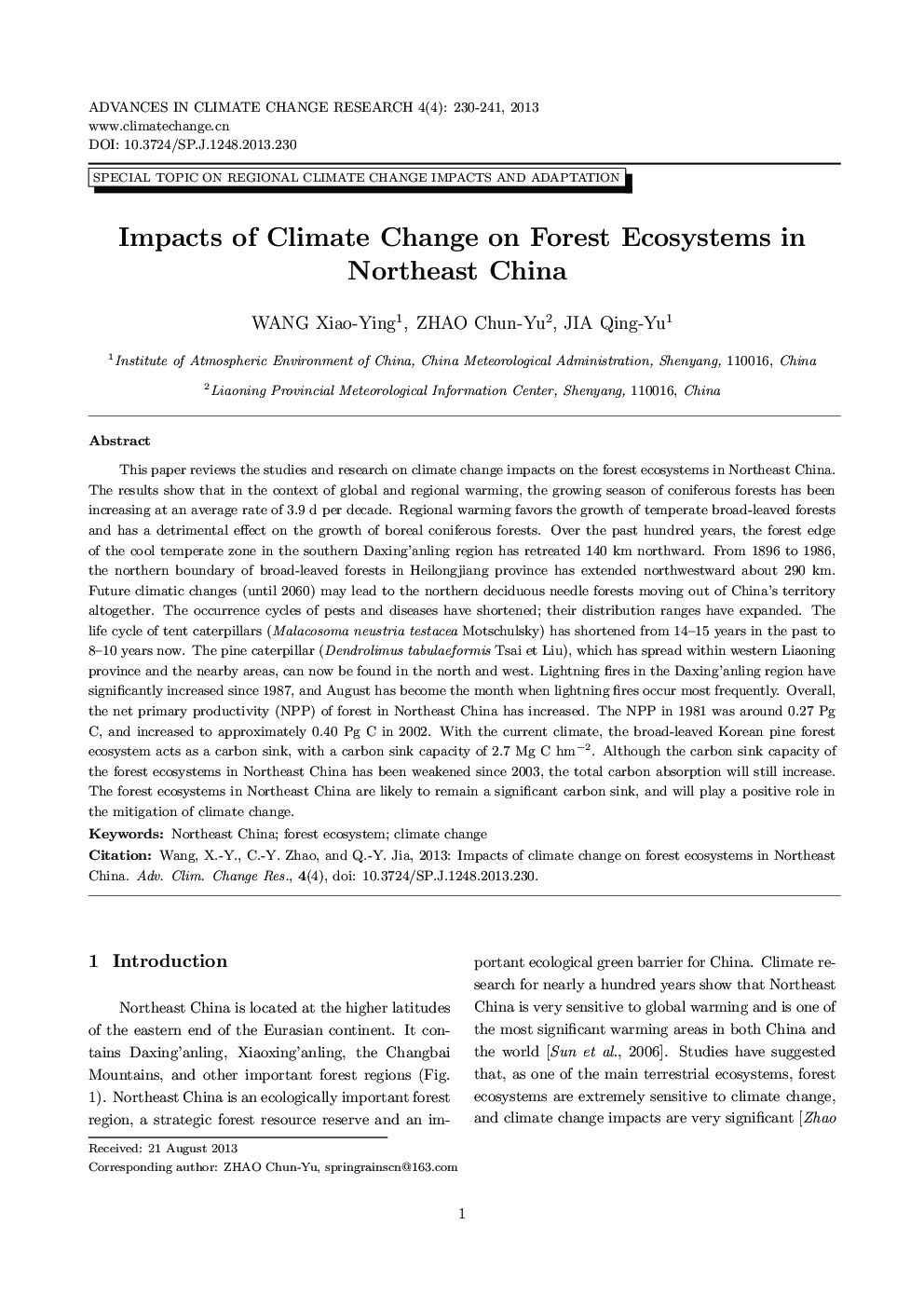 تاثیر تغییرات اقلیمی در اکوسیستم های جنگلی در شمال شرقی چین 