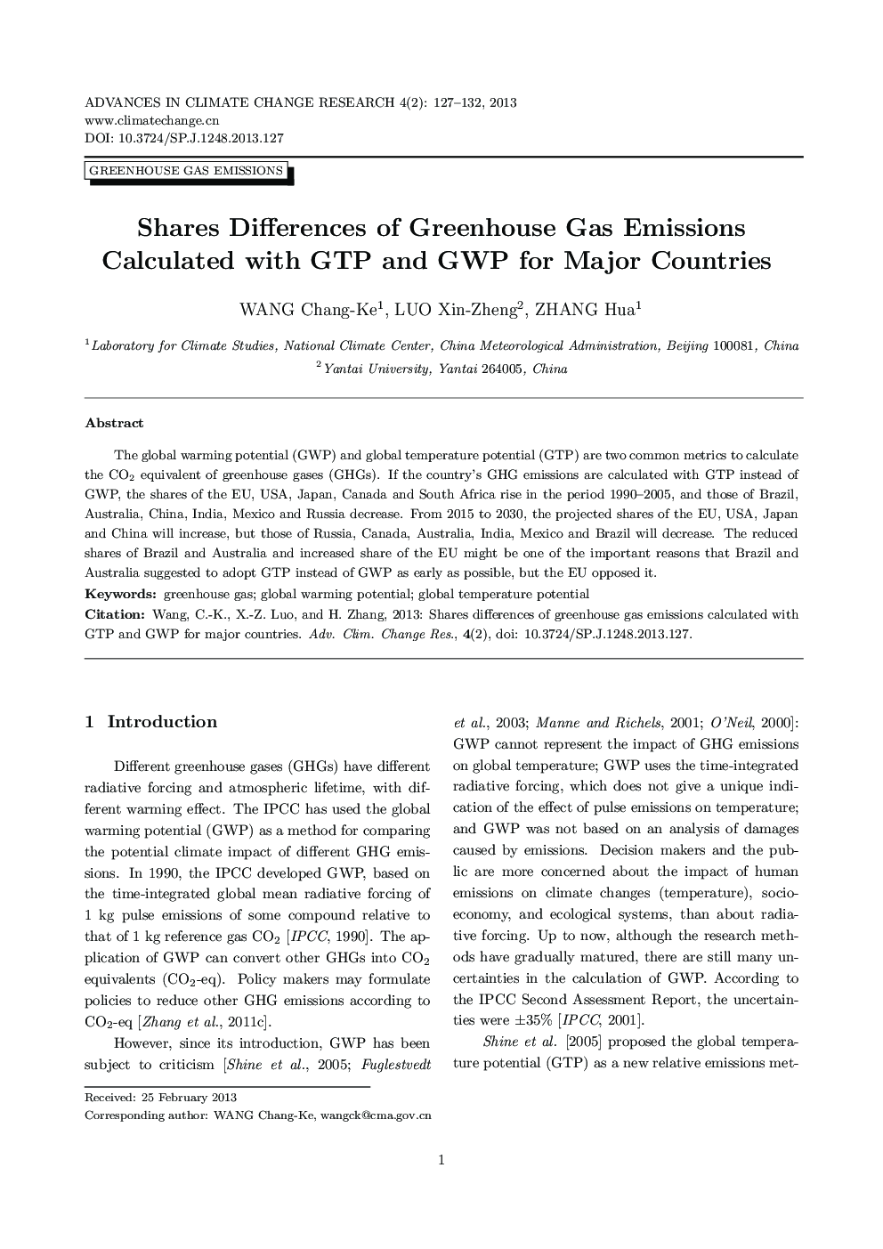 Shares Differences of Greenhouse Gas Emissions Calculated with GTP and GWP for Major Countries