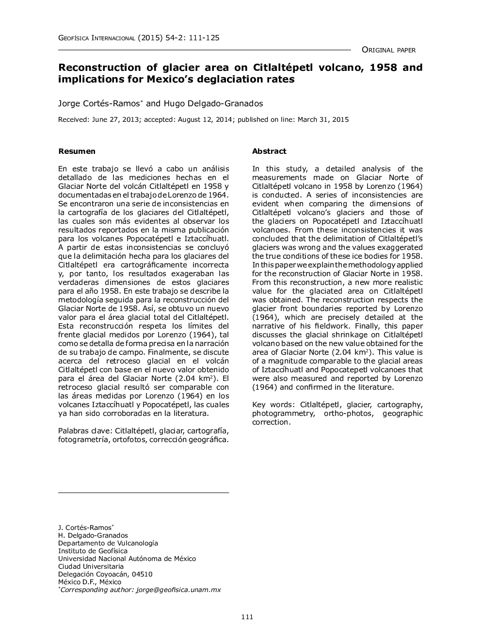 Reconstruction of glacier area on Citlaltépetl volcano, 1958 and implications for Mexico's deglaciation rates