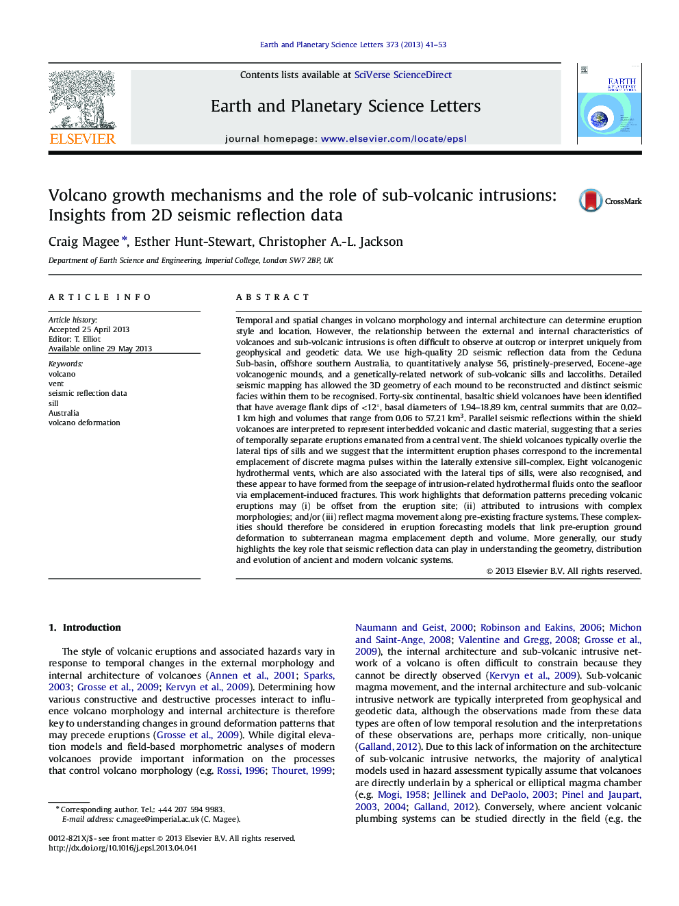 Volcano growth mechanisms and the role of sub-volcanic intrusions: Insights from 2D seismic reflection data