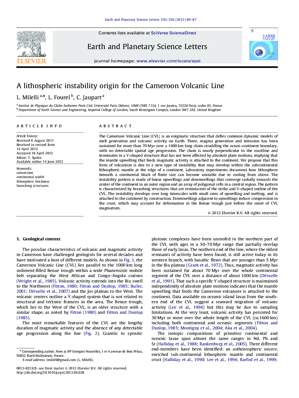 A lithospheric instability origin for the Cameroon Volcanic Line