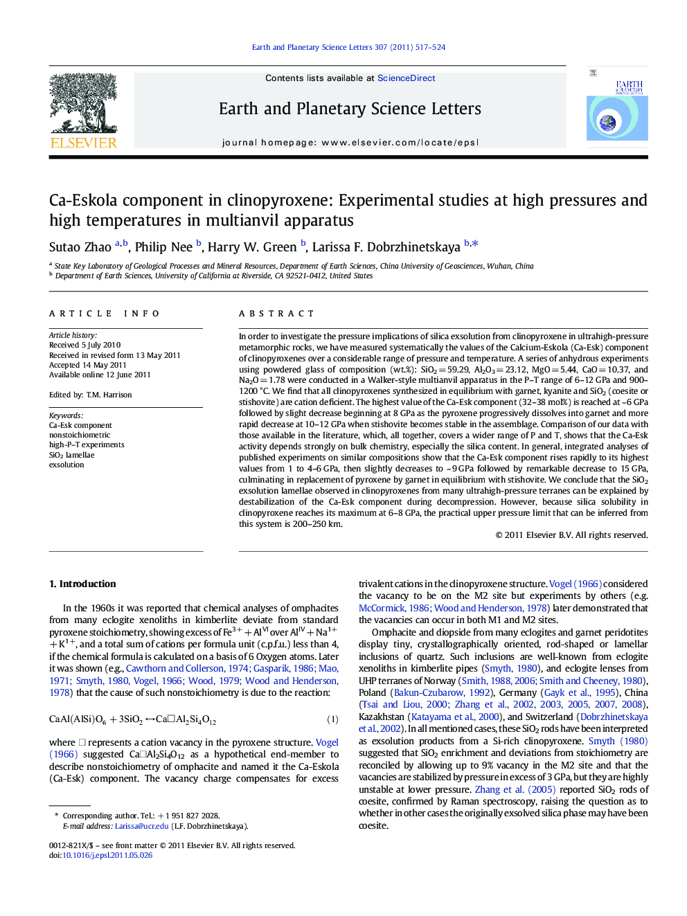 Ca-Eskola component in clinopyroxene: Experimental studies at high pressures and high temperatures in multianvil apparatus